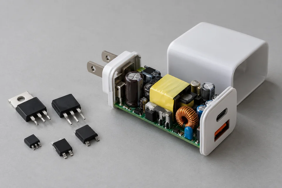small gallium nitride power devices beside an unbranded USB fast-charging adapter circuit assembly
