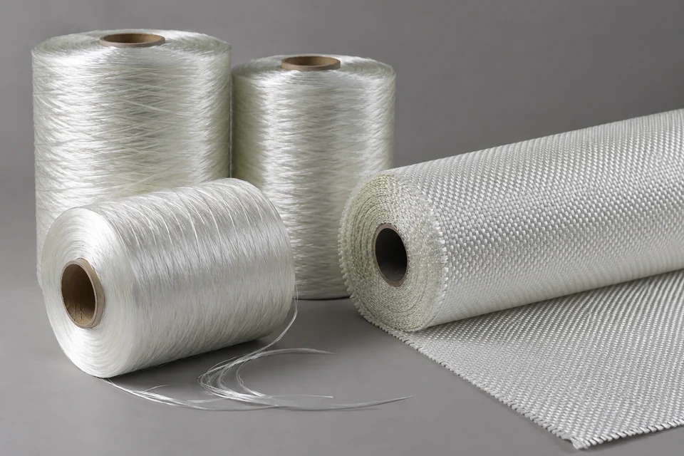 glass fibre roving spools and woven glass fabric