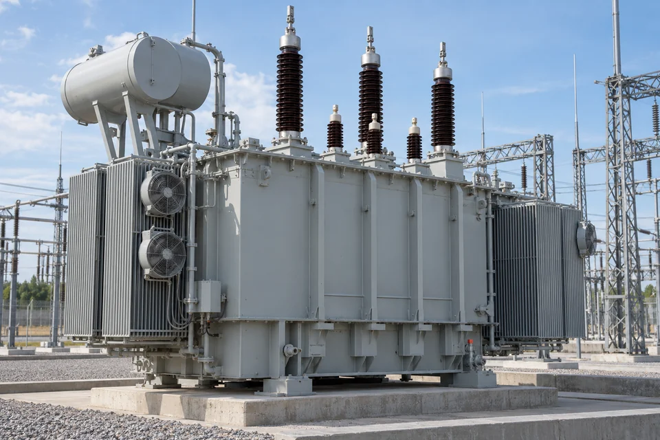 Oil-immersed grid transformer with radiator banks, cooling fans, conservator and winding bushings