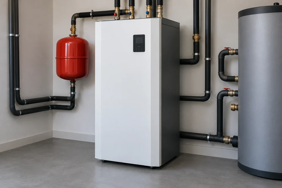 ground source heat pump indoor unit with fluid loop connections
