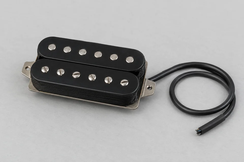 Passive guitar humbucker with two six-pole bobbins, mounting ears and lead cable