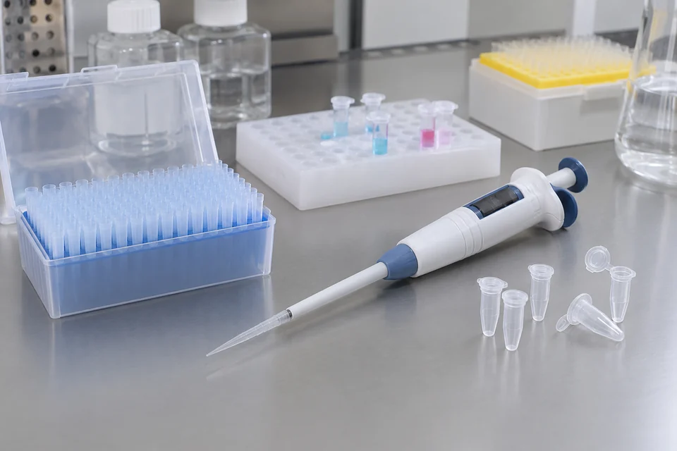 handheld electronic pipette with tips and microtubes in laboratory