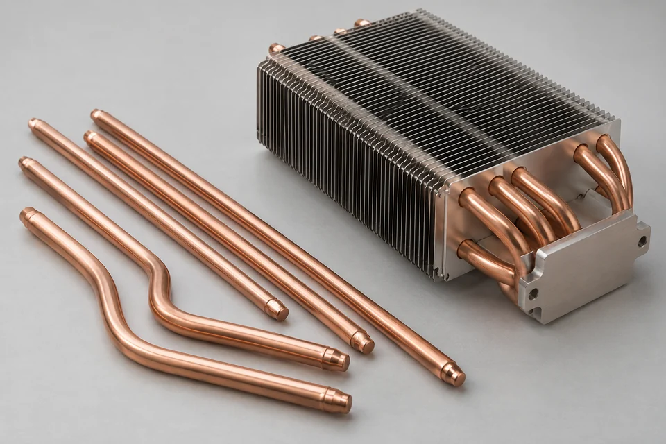 Several sealed copper heat pipes, straight and gently bent shapes, beside a finned cooling assembly, realistic copper surfaces, no cutaway.