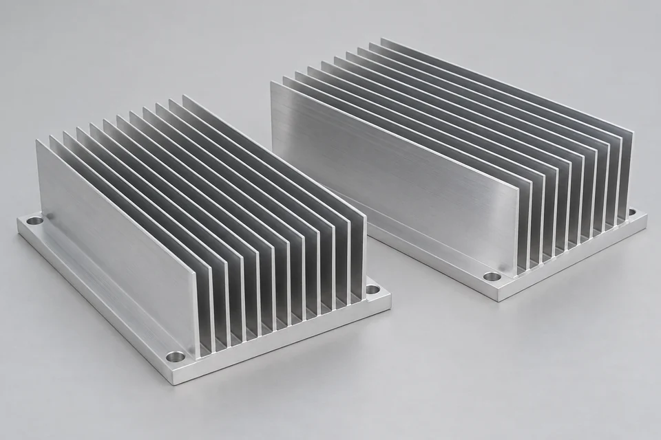 Two machined and extruded aluminium heat sinks with parallel thin fins and flat mounting bases, metal machining detail, neutral studio background.
