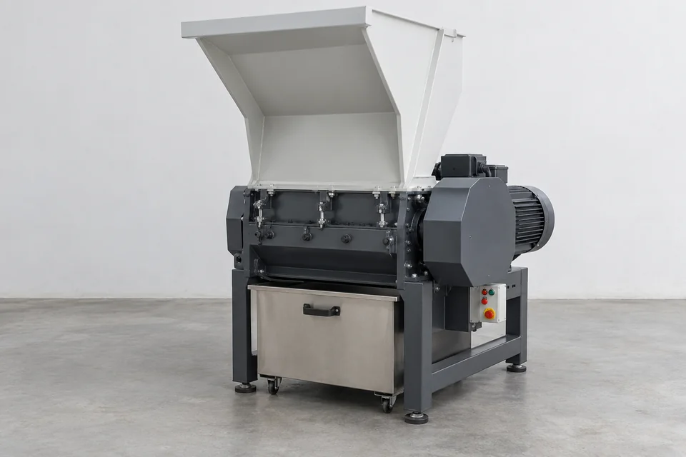 heavy duty plastic granulator with feed hopper, steel cutting chamber and integrated collection bin
