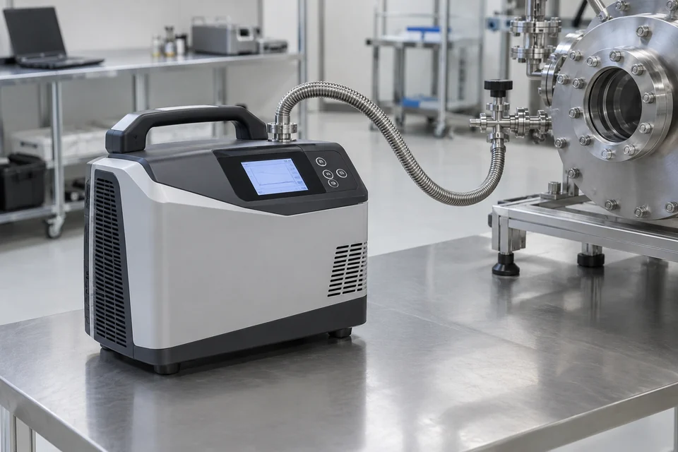 portable helium leak detector instrument with hose connection and compact display in a clean vacuum test laboratory