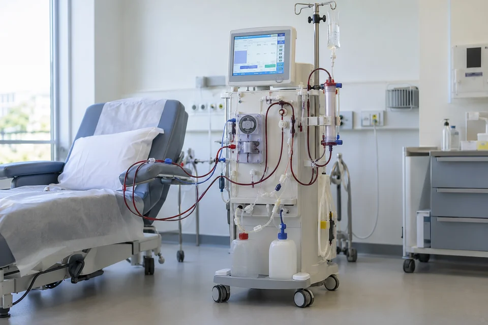 haemodialysis machine with extracorporeal tubing in clinical treatment room