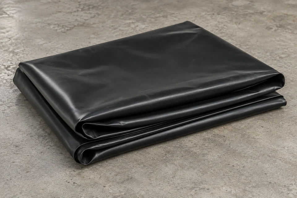black HDPE liner sheet folded gently on neutral industrial surface