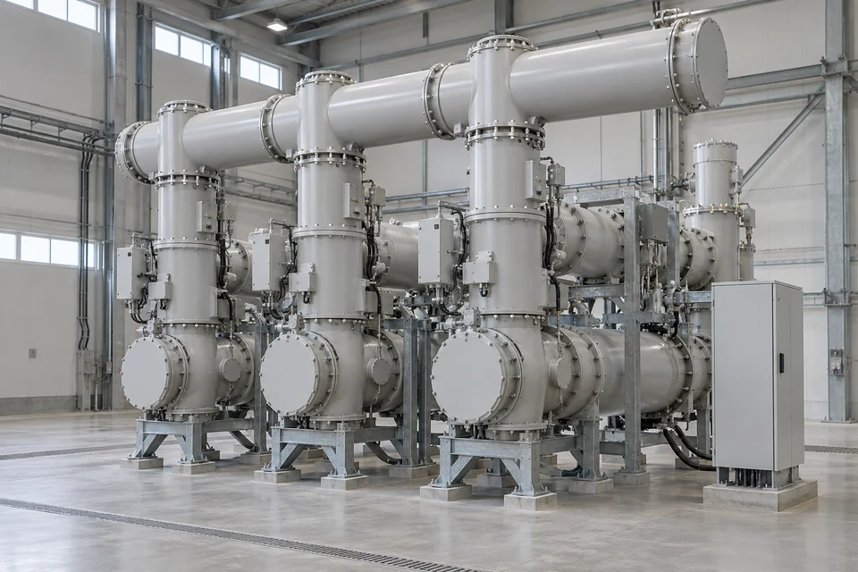 High-voltage GIS bay with cylindrical grounded enclosures, bolted joints, support frames and local control cabinet