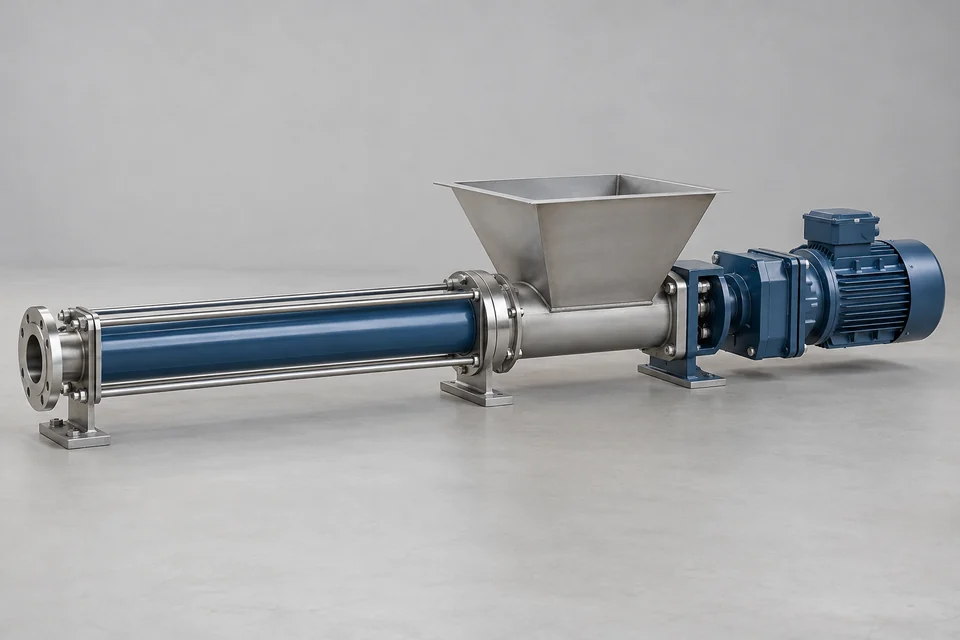 long horizontal eccentric screw progressive cavity pump with drive motor, elongated stator tube and compact inlet hopper