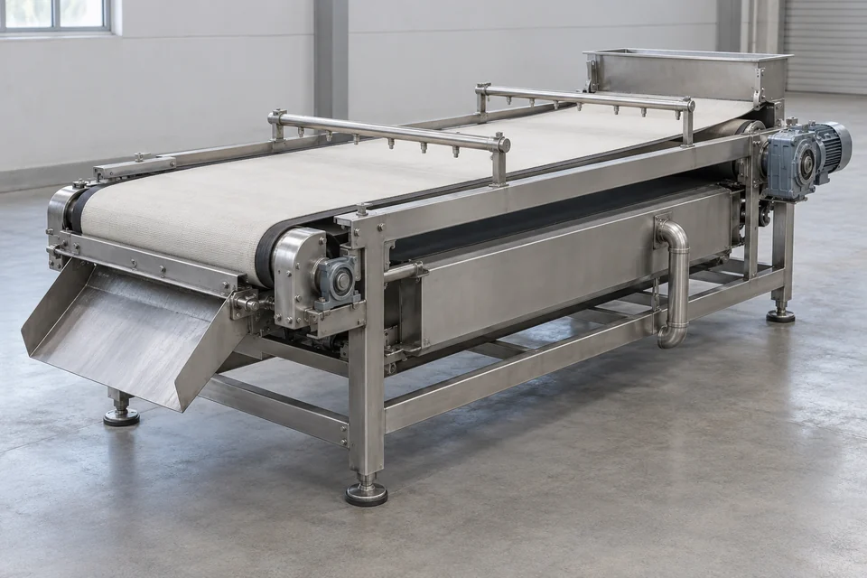 Horizontal vacuum belt filter with cloth and drainage belt, end drums, wash bars, collection piping and discharge chute