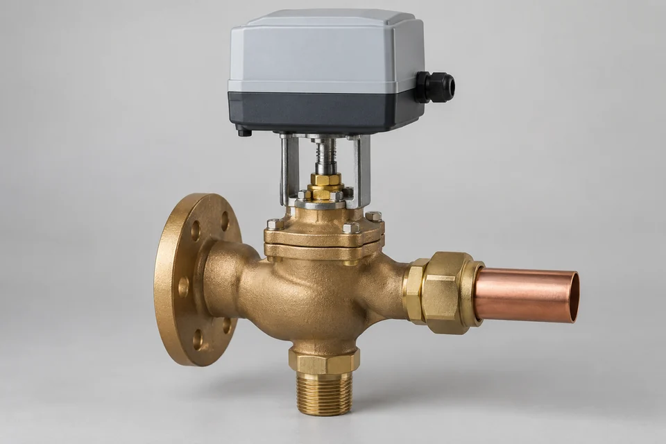 bronze HVAC globe control valve with electric actuator and three practical pipe connection features