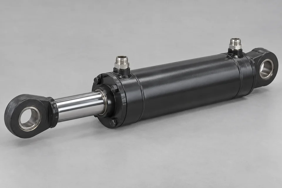 industrial hydraulic cylinder showing chrome piston rod, mounting eye and hydraulic ports