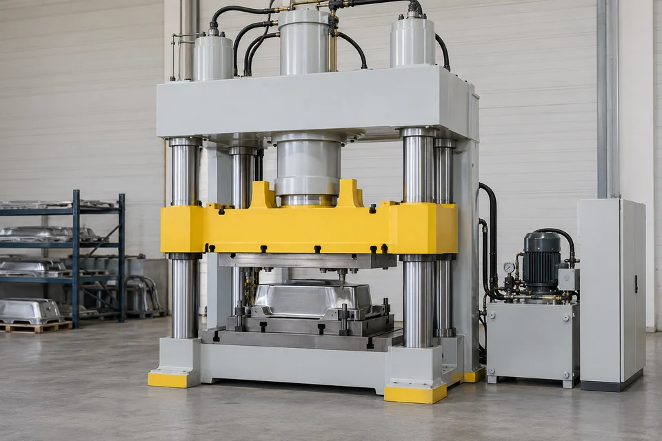 large hydraulic deep drawing press with vertical hydraulic cylinders, sheet tool area and rigid four column frame