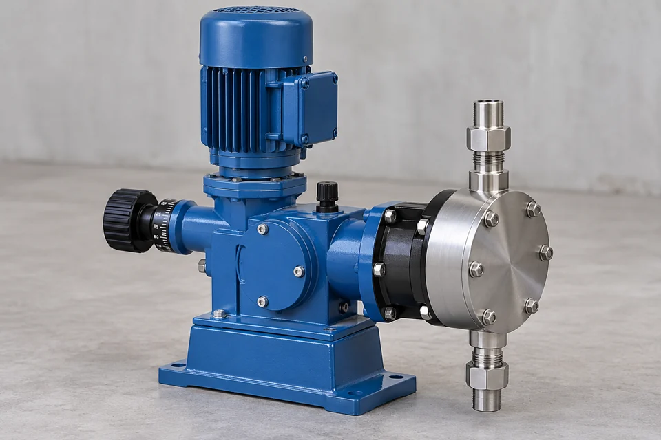 industrial hydraulic diaphragm metering pump with motor gearbox, round stainless pump head and stroke adjustment