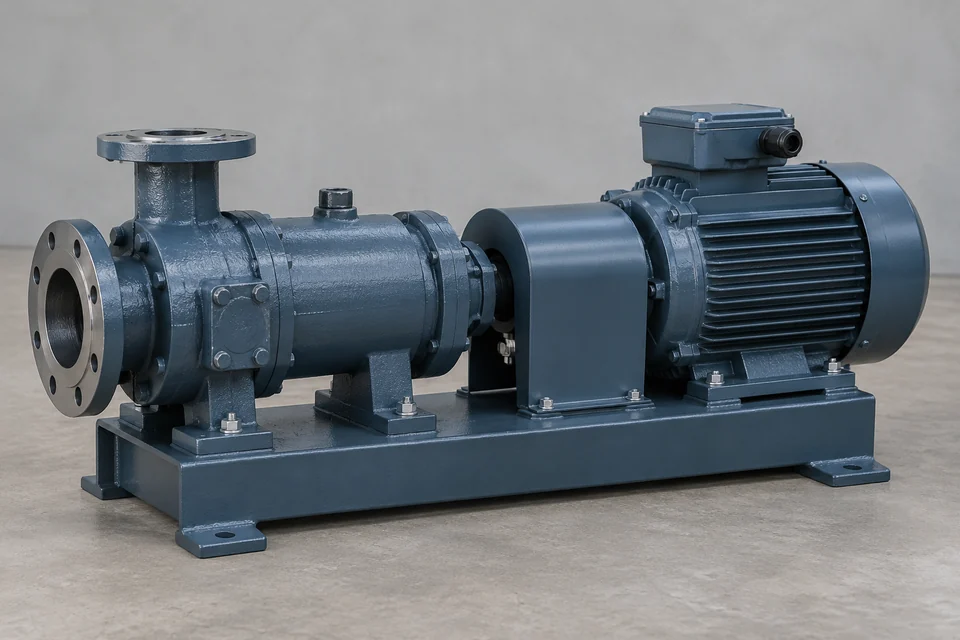 hydraulic three screw pump assembly with cylindrical body, drive motor and two flanged fluid ports