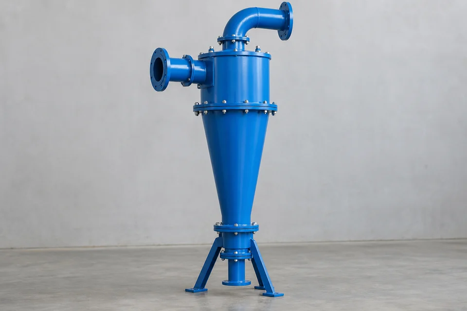industrial hydrocyclone with tall conical lower body, cylindrical upper section and inlet and outlet pipes