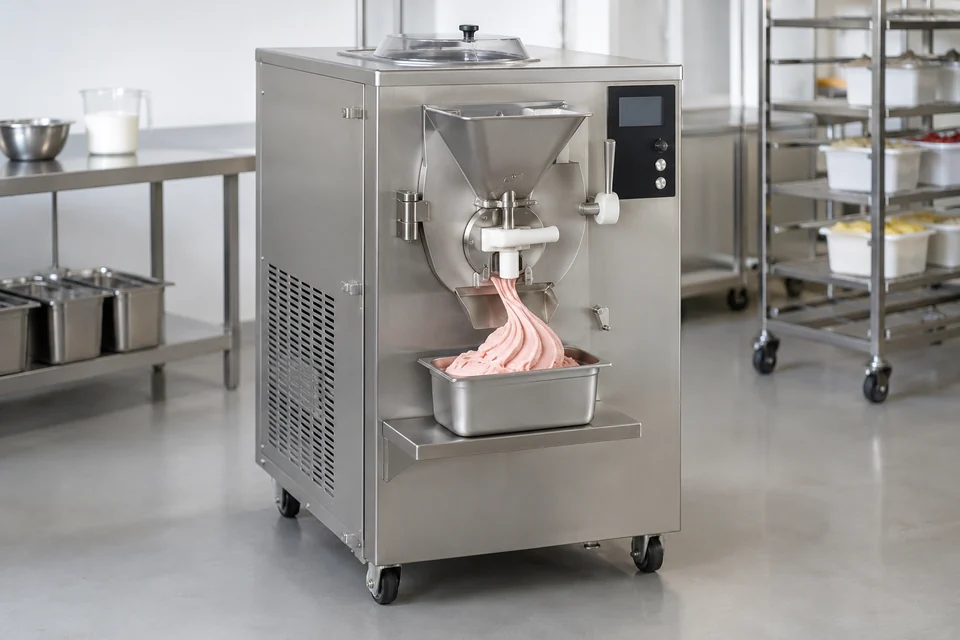 commercial ice cream batch freezer machine in clean food workshop