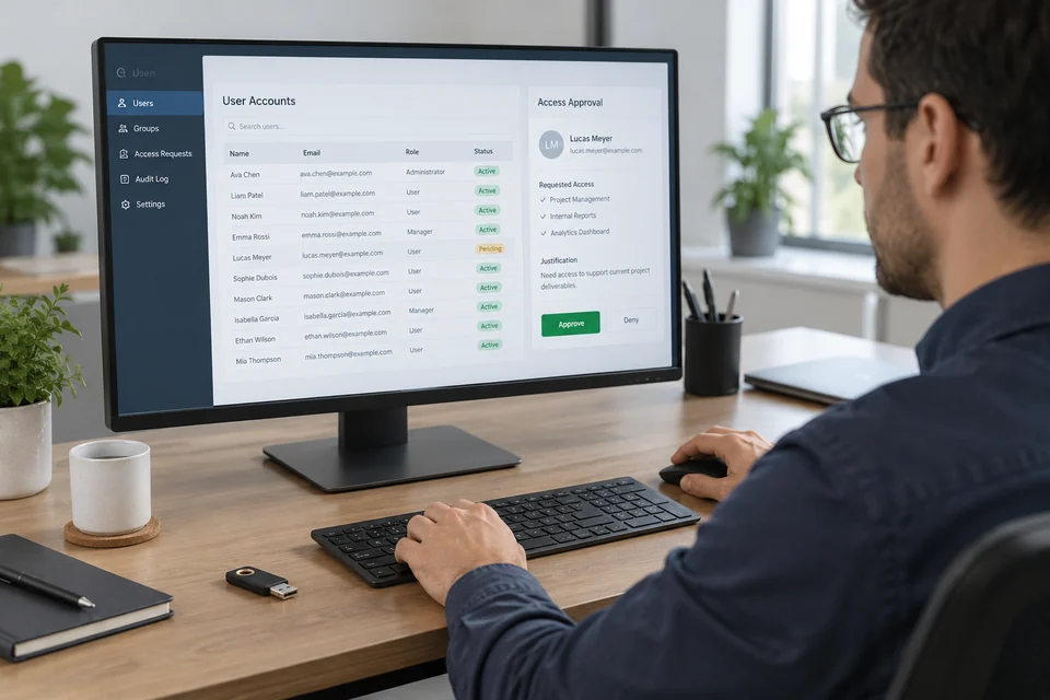 A business IT workstation displaying a generic user access administration interface with account list and access approval panel, a physical security key on desk, realistic application photograph.