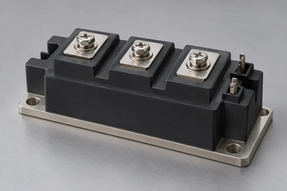 Representative power-module housing with main connections, auxiliary terminals and metal mounting base