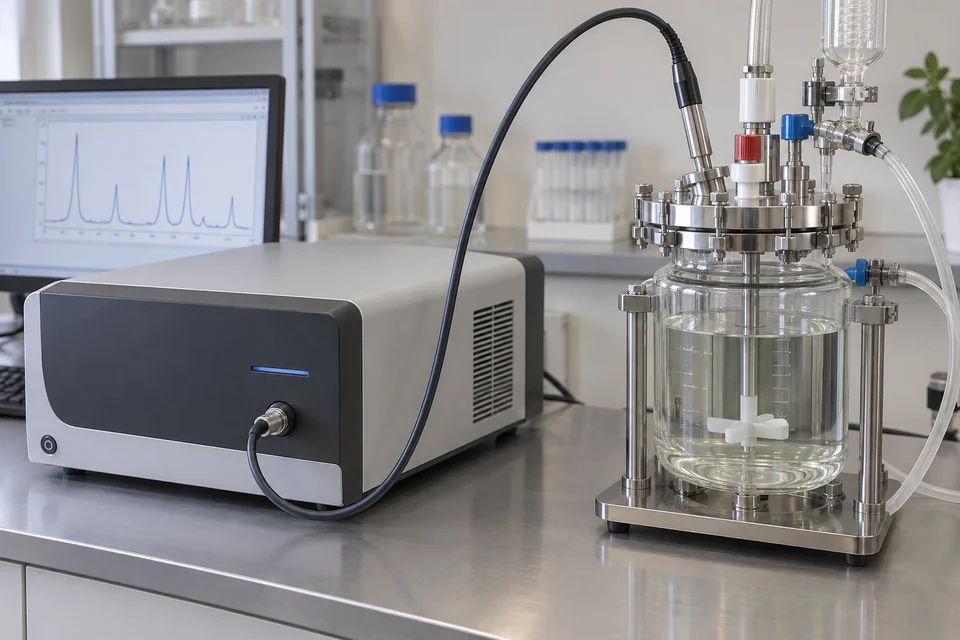 A compact Raman analyser beside a glass laboratory reactor; one fibre optic Raman probe enters the sealed reactor lid, realistic neat tubing and fittings.