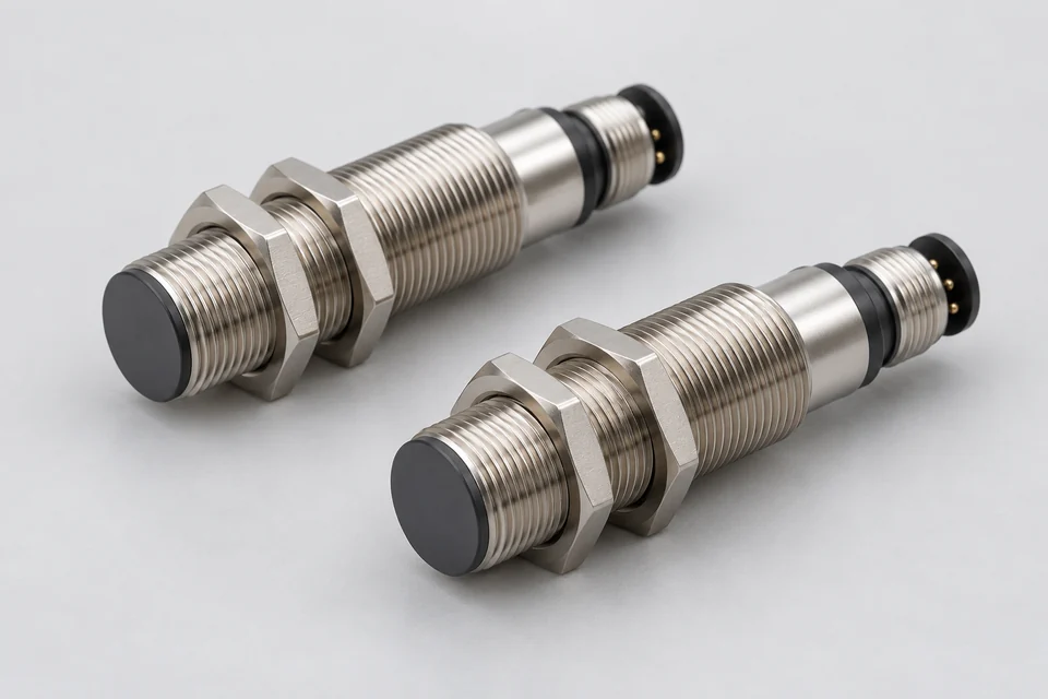 Two cylindrical threaded inductive proximity sensors with flat polymer sensing faces, nuts and M12 connector ends, realistic factory catalogue view.