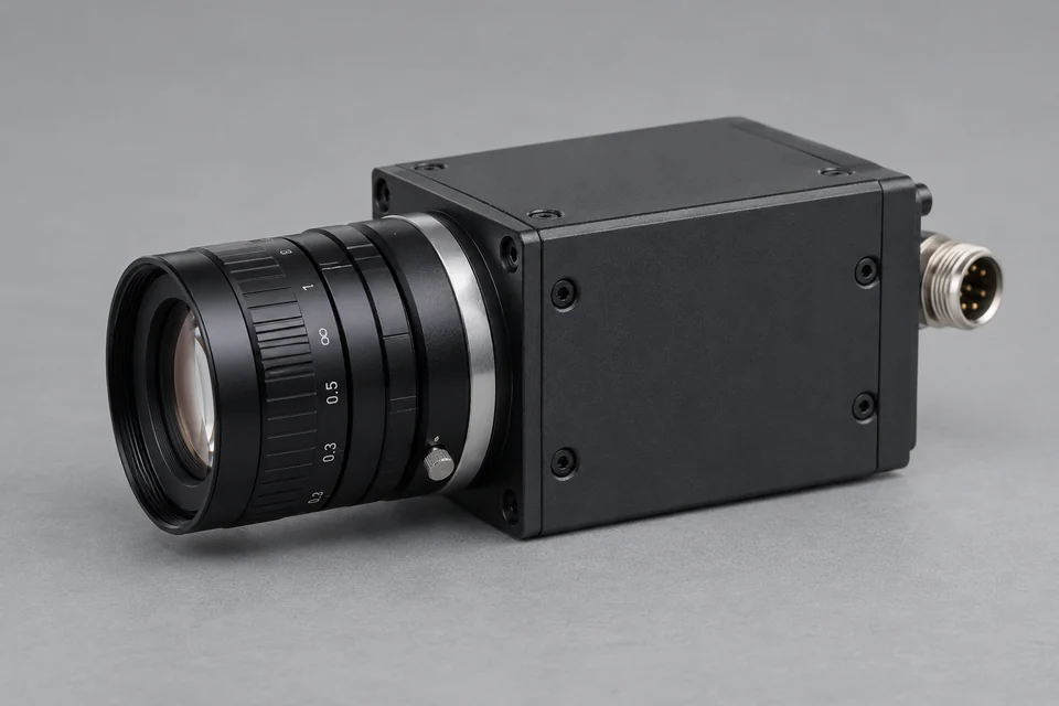 industrial machine vision camera with compact metal body, lens mount and connector