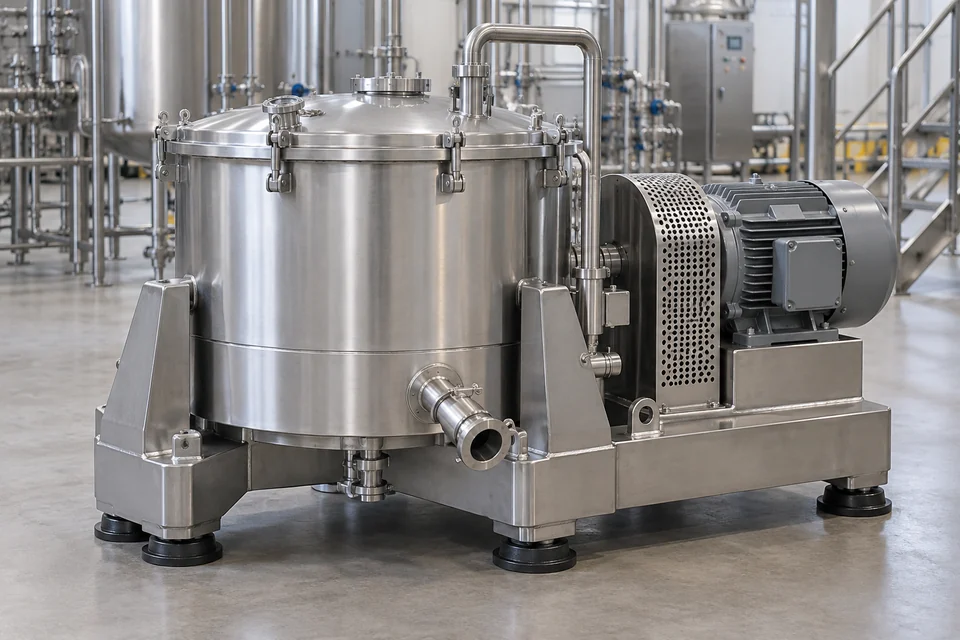 A stainless industrial centrifuge with cylindrical covered rotating bowl assembly, guarded drive and process pipe ports, orderly processing plant, no cutaway.