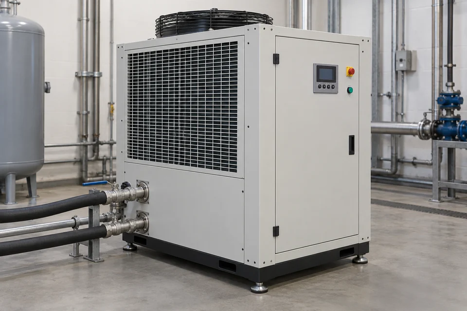 A compact air cooled industrial process chiller cabinet with ventilation grille, condenser fan, coolant pipe connections and simple control panel in a factory utility room.