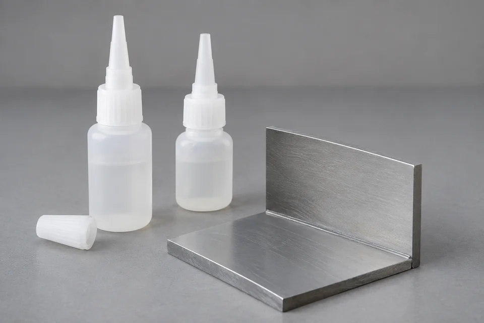 small unbranded industrial cyanoacrylate adhesive bottles beside bonded metal specimen