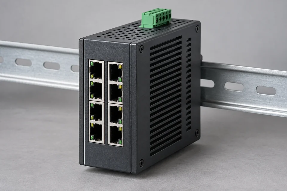 A rugged compact industrial DIN rail Ethernet switch with multiple RJ45 ports, pluggable power terminal and vented metal housing, studio product photo.