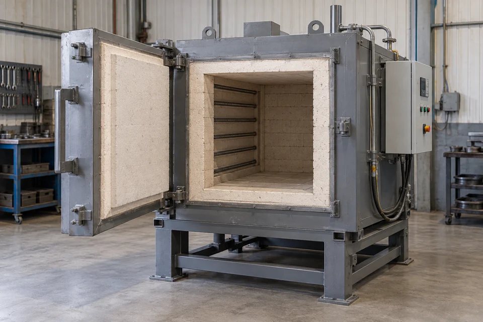 An industrial electric batch heat treatment furnace with thick insulated hinged door partly open, chamber empty and unlit, metal workshop utility area.