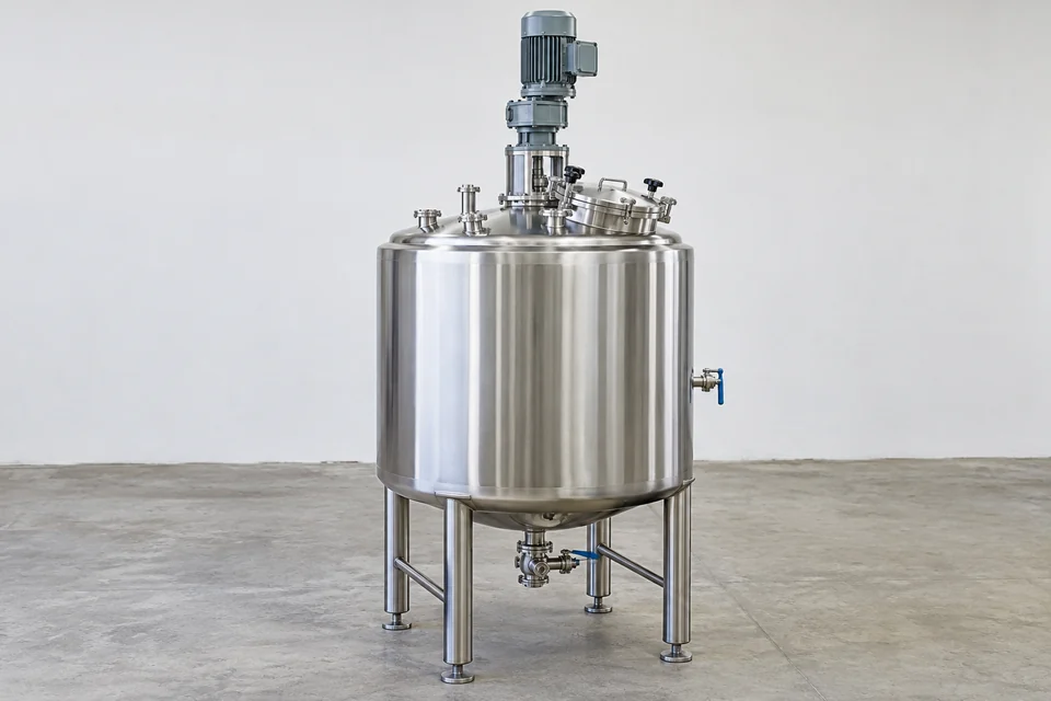 industrial stainless mixing vessel with top mounted motor and agitator