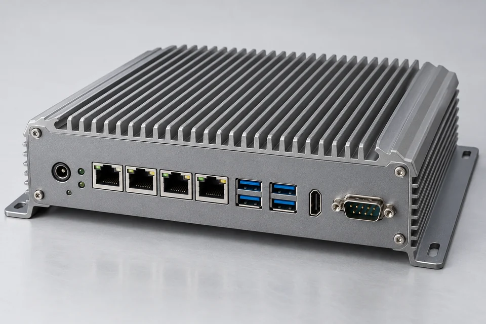 A fanless rugged industrial computer with ribbed aluminium case, multiple Ethernet and USB ports and mounting brackets, studio engineering product photograph.