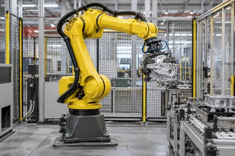 A six axis industrial robot arm on a heavy base holding a metal part with a gripper inside a manufacturing cell, whole arm visible, realistic factory photograph.