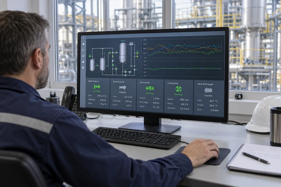 A desktop monitor in an industrial control room showing a restrained generic plant monitoring application with trend traces and equipment status tiles; no arrows, no promotional words, realistic operational screen.