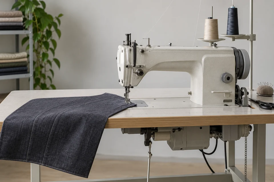 industrial sewing machine with work table and stitched fabric