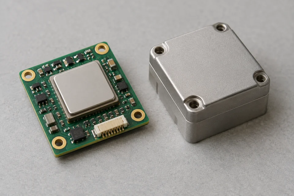 A small inertial measurement module circuit board with a square surface-mount sensor package and visible mounting holes beside its compact enclosed module; macro product photo.