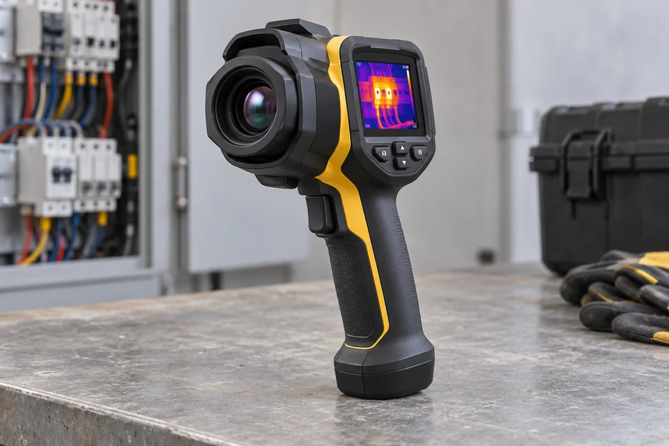 A handheld infrared thermal camera with lens pointing partly toward the viewer and a small thermal display on the rear, industrial inspection instrument.