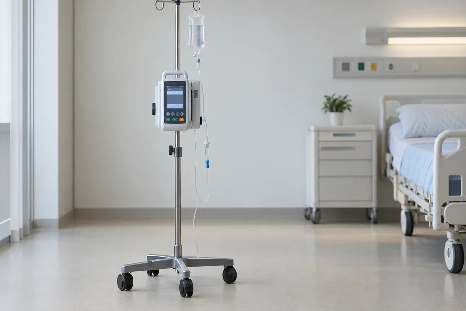 medical infusion pump with IV tubing and unbranded user interface beside hospital stand