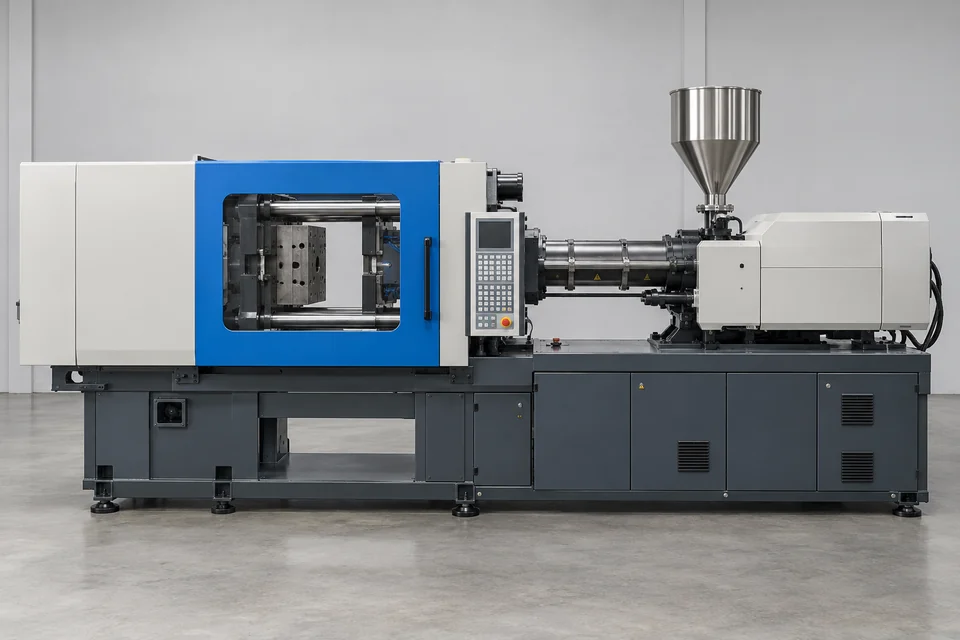 horizontal plastic injection moulding machine with injection barrel, mould clamping unit and hopper
