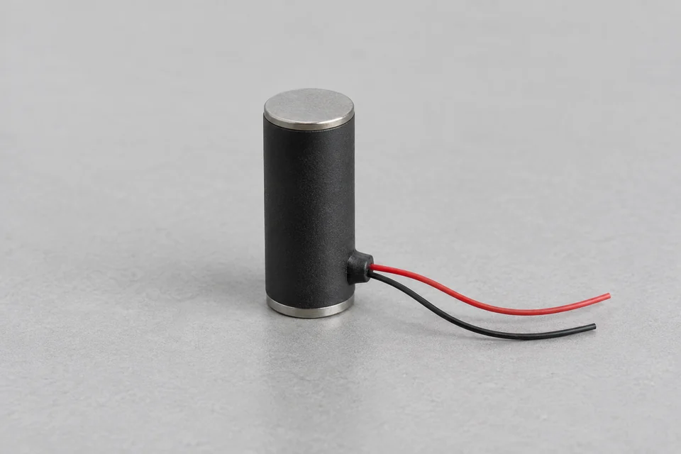 Insulated cylindrical piezoelectric stack actuator with end plates and two separated electrical leads