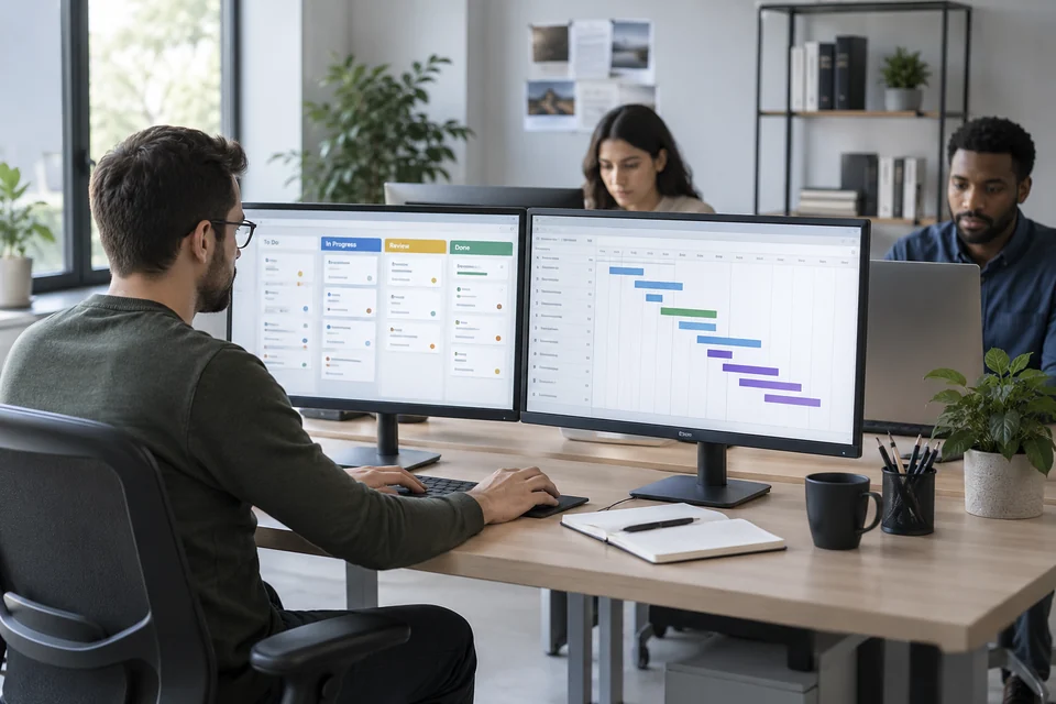 IT project management software represented by team workstation with task board and project timeline interface