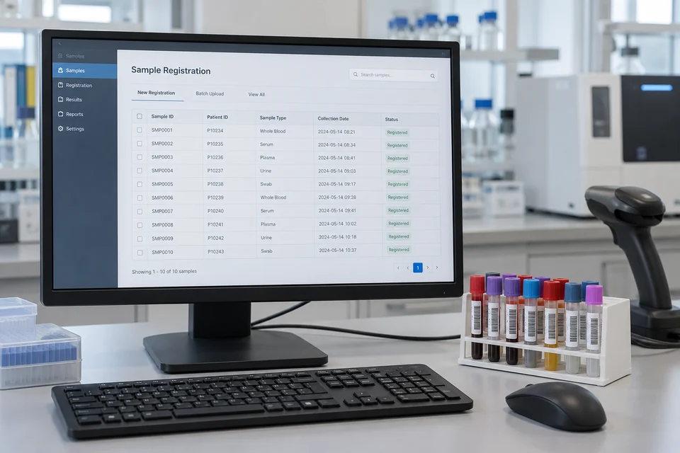 A laboratory workstation monitor displaying a generic sample registration table beside a small rack of capped sample tubes with plain barcodes, realistic software application scene.