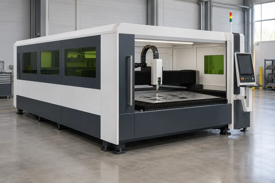 enclosed industrial fiber laser cutting machine with flat sheet cutting bed and gantry