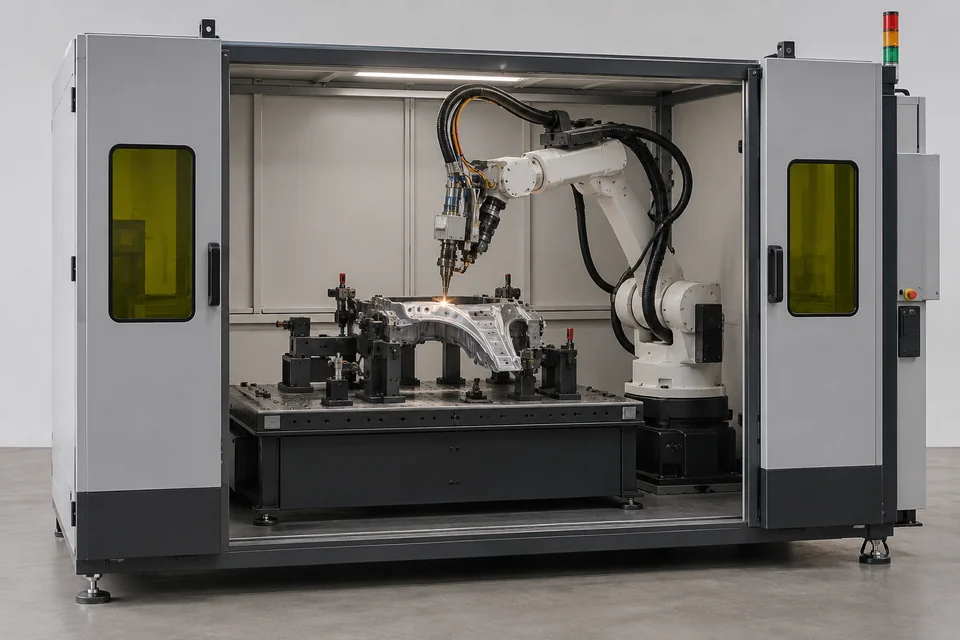 enclosed laser welding workcell with robotic laser head and securely fixtured metal component
