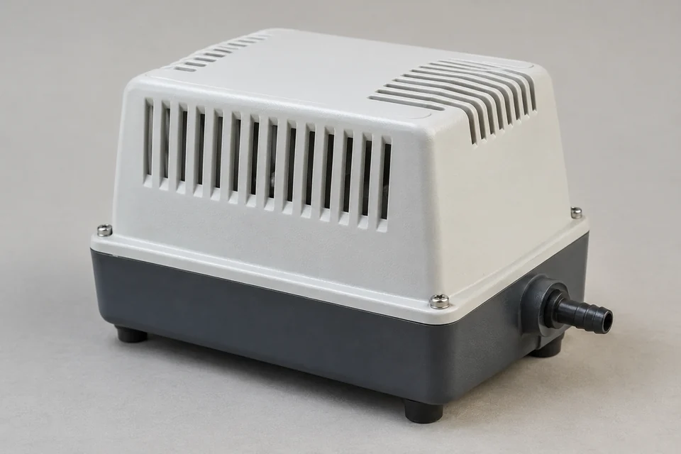 compact linear electromagnetic diaphragm air pump with rectangular ventilated housing and a hose outlet
