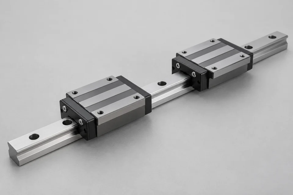 steel linear guide rail with two recirculating ball carriage blocks on a neutral surface
