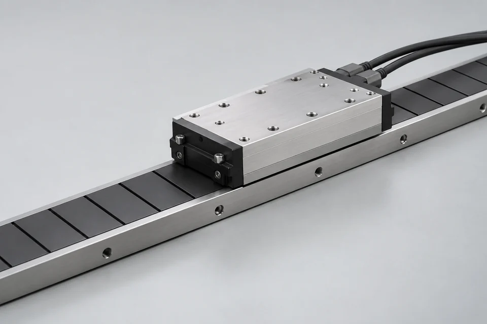 flat ironless linear motor coil carriage above a straight permanent magnet track, intact exterior components