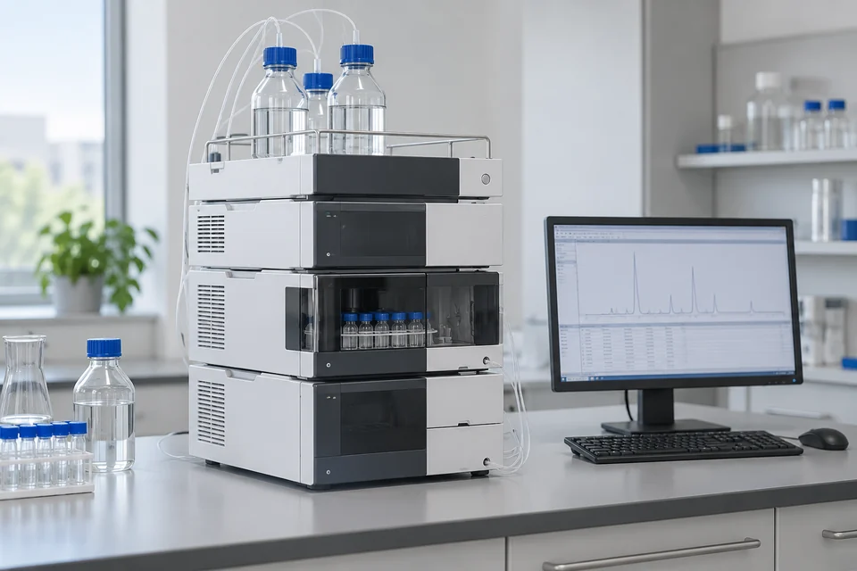 A modular liquid chromatography instrument stack on a clean laboratory bench, solvent bottles on top, pump, autosampler and detector modules with tidy thin tubing; no brand names.